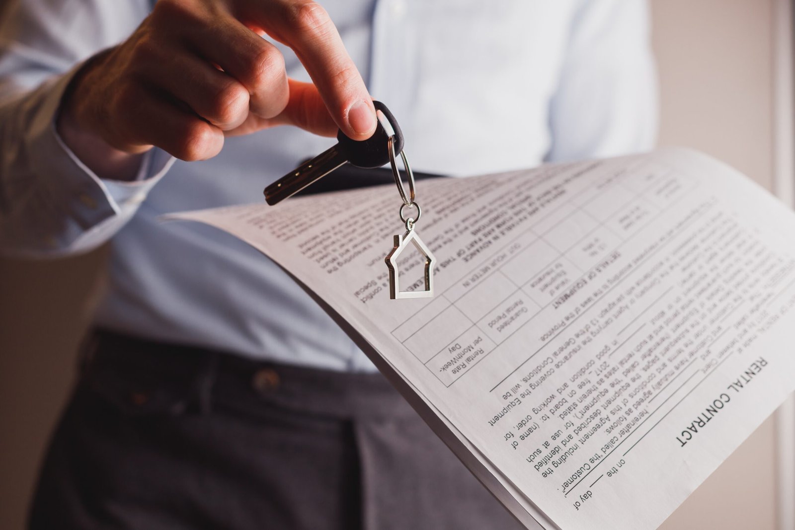 El gerente ofrece las llaves del contrato de tenencia de la casa en otra mano. Alquilar y comprar una propiedad